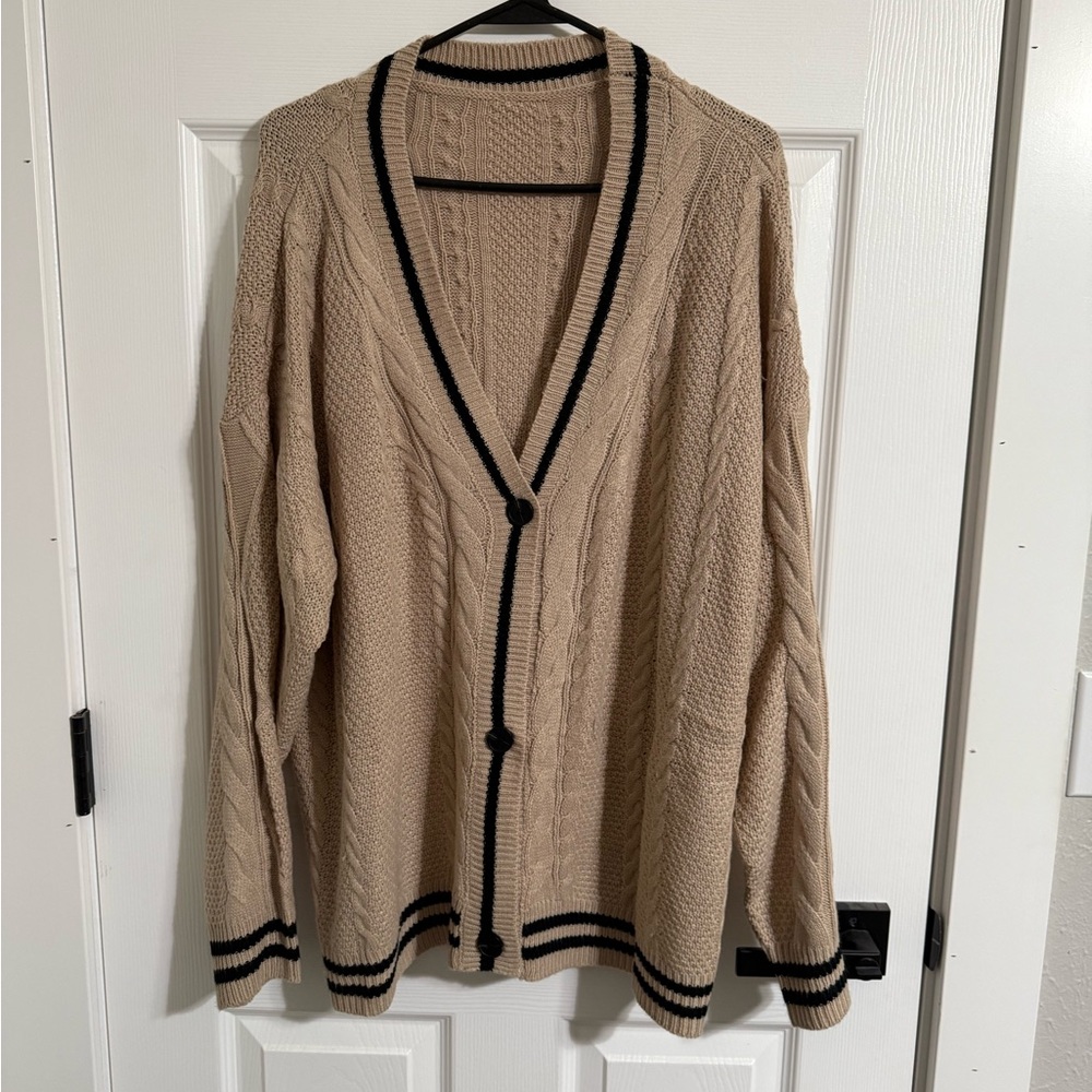 Cable Knit Cardigan Sweater - Tan with Black Trim
